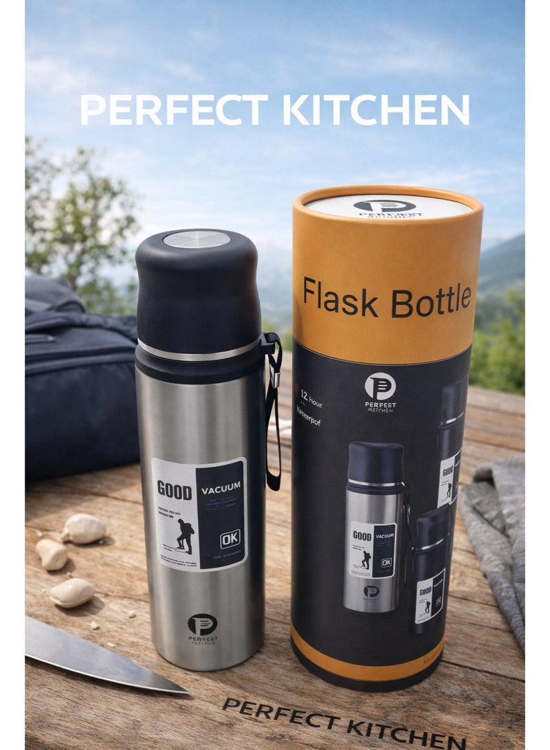 بيرفكت كيتشن قارورة حافظة للحرارة من الفولاذ المقاوم للصدأ، سعة 1000مل، لون فضي، تحافظ على الحرارة لمدة تصل إلى 12 ساعة - Image 1